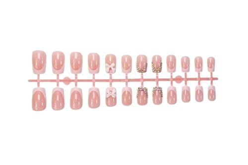Square Press on Nails Short French Tip with 3D Bow Acrylic Nails
