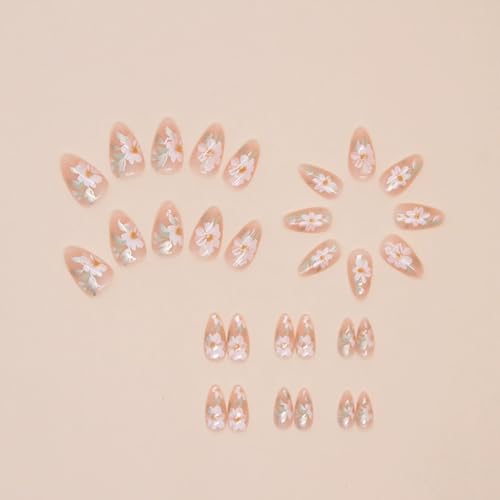 Short Almond Press on Nails with Fresh Floral Design Glossy Acrylic Fake Nails 30pcs
