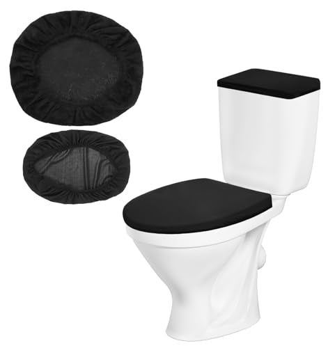 Black Velvet Toilet Seat & Tank Cover Set - Elastic Fit, Washable Bathroom Decor