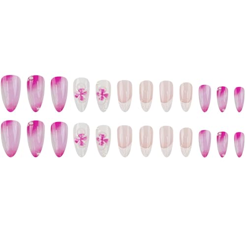 LBPEPAMZ 3D Floral Press On Nails Medium Almond White French Tip Fake Nails