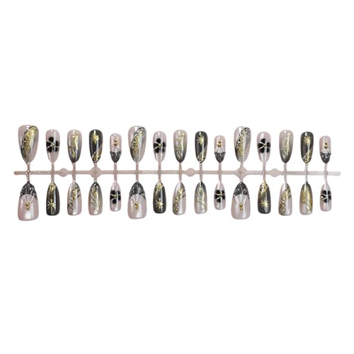 Black French Tip Press On Nails Medium Almond Fall Maple Leaf False Nails