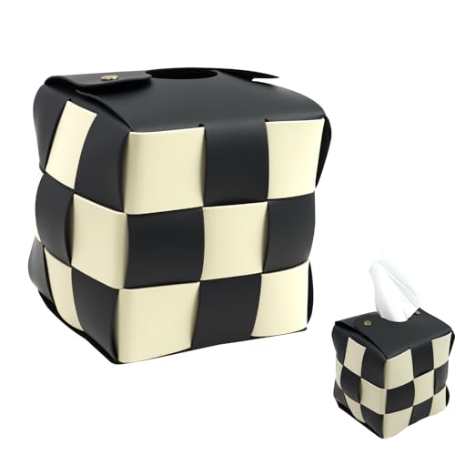 Modern PU Leather Checkered Tissue Box Cover with Metal Buckle