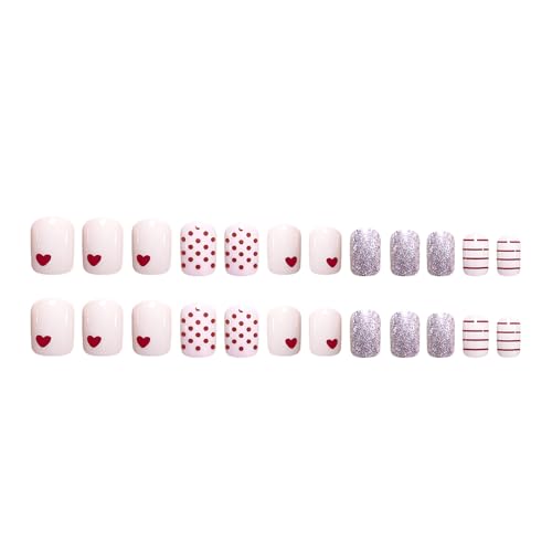 Valentine Press on Nails Square Pink Heart Glitter Fake Nails Acrylic Kit