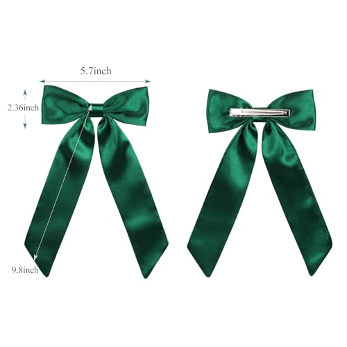 WantGor Satin Long Tail Hair Bow Clip Green Ribbon Barrette for Women