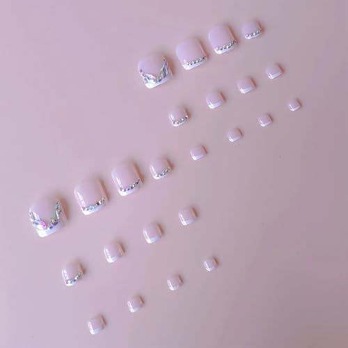 Short Press on Toenails White French Tip Square False Toenails