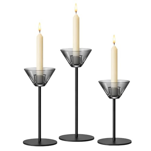 Smoke Gray Glass Candlestick Holders Set of 3 - Modern Minimalist