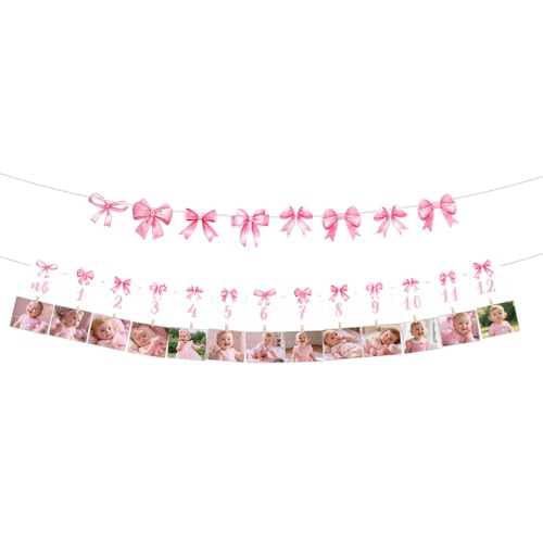 Pre-Strung Pink Bow 1st Birthday Photo Banner with Clips