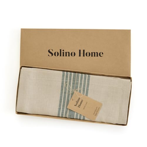 Linen Table Runner 14x48 Inches - Green & Natural Striped, Handcrafted, Eco-Friendly