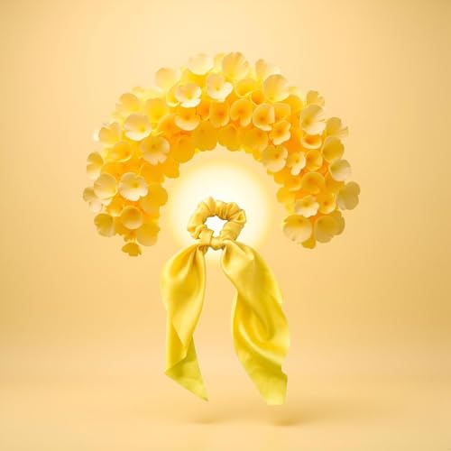 Cauaoa Yellow Satin Ribbon Bow Scrunchies Hair Ties 2-Pack