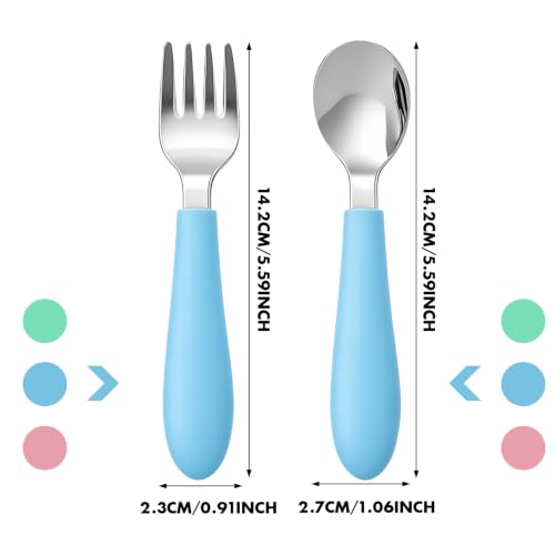 Kids Stainless Steel Fork & Spoon Set with Color Options - Toddler Safe Flatware for Self-Feeding, 6 pcs Blue/Green/Pink