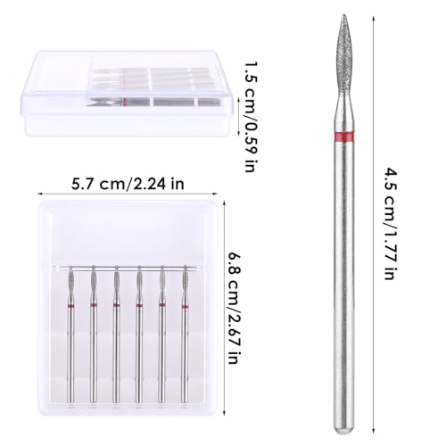 YUXIANLB 6pcs Diamond Cuticle Drill Bit Set with Case 3/32" Flame Manicure Tools