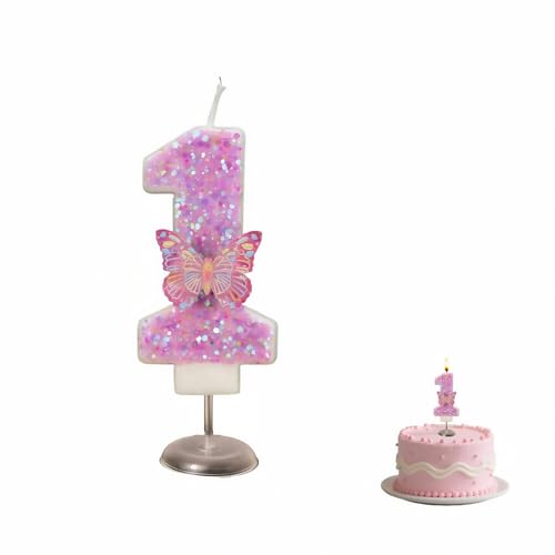 Pink Glitter Number 1 Birthday Candle with Butterfly Accent