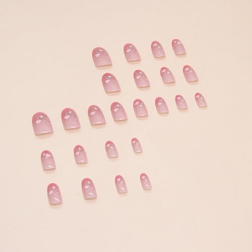 Pink Almond Press On Nails with Heart Star Design - 24Pcs Glossy French Tip