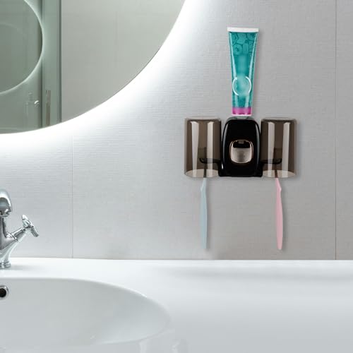 Wall Mounted Toothbrush Holder with Cover & 2 Mouthwash Cups - Black