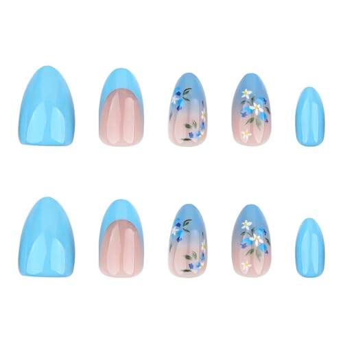 Navy Blue Short Almond Press on Nails with Flower Design - 24Pcs
