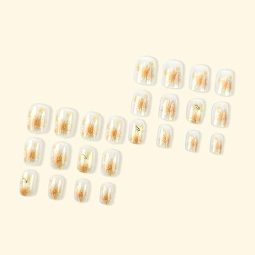 Short Square Press on Nails White Flower False Nails 24pcs