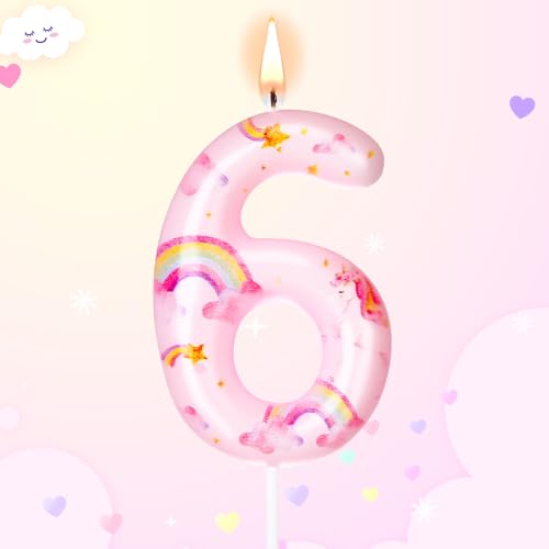 Unicorn Birthday Candle Number 6 - Cute Rainbow Cake Topper