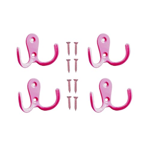 Lansonee 4-Piece Pink Double Prong Robe Hooks, Heavy Duty Wall Mounted Coat Hooks
