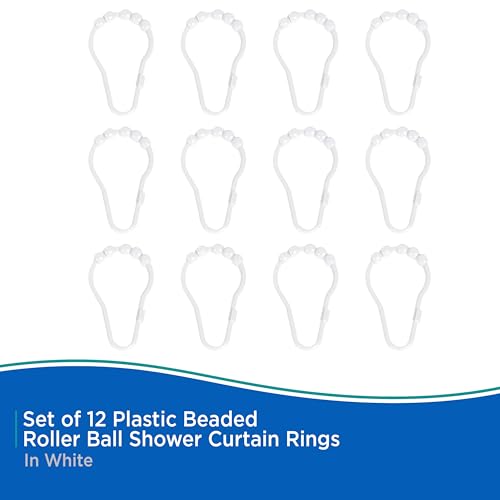 Kenney Standard Rust-Proof Plastic Beaded Shower Curtain Rings - Set of 12, White