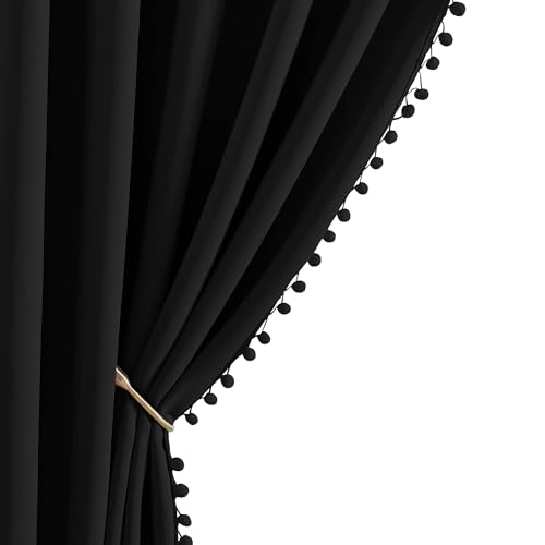 NICETOWN Blackout Curtains 2 Panels Jet Black 42"W x 63"L with Pom-Poms, Thermal Insulated Boho Style for Nursery, Playroom, Kitchen (Pack of 2)