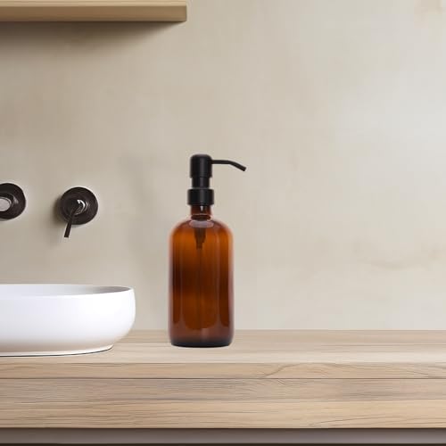 Diahom 16 Oz Amber Glass Soap Dispenser with Rustproof Black Pump