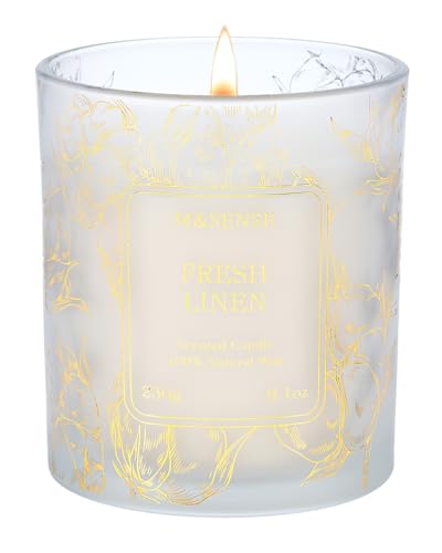 M&SENSE Fresh Linen Soy Candle, 8.1oz Gilded Glass Jar, Hypoallergenic