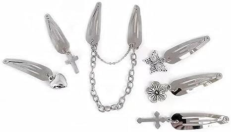 Silver Metal Hair Barrettes with Chain Cross and Heart Pendants 4 Pack