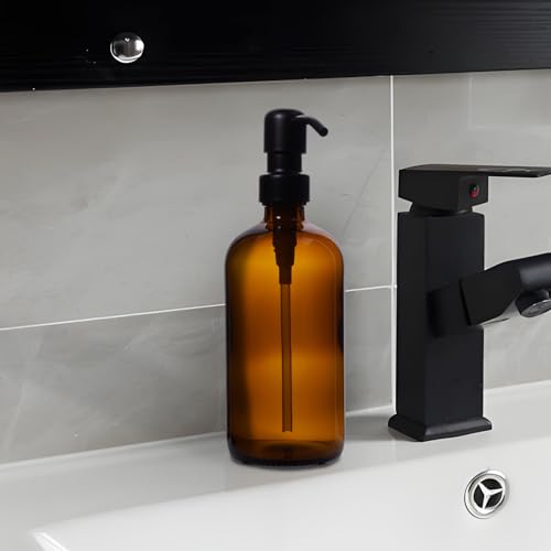 Diahom 16 Oz Amber Glass Soap Dispenser with Rustproof Black Pump