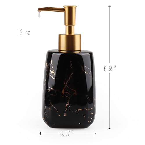 Black Ceramic Soap Dispenser - 12 Oz Refillable Lotion Pump with Marble Design