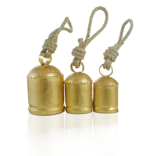 Christmas Hanging Large Cow Bells - Rustic Golden Metal Bells for Farmhouse, Garden & Holiday Décor (Medium 5”4”3” Inch)
