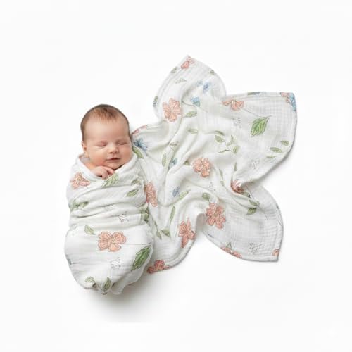 Moonybaby 100% Organic Cotton Swaddle Blanket - 47x47 Inch, Flower Pattern