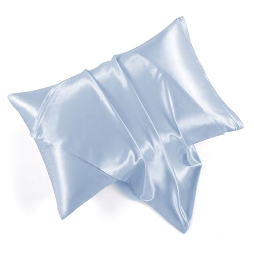 Light Blue Satin Pillowcase Set of 2 with Zipper - Standard (20x26) for Hair & Skin