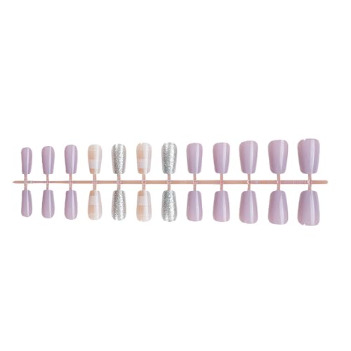 RIICFDD Coffin Press on Nails Medium Plaid White Glitter Fake Nails 24 Pcs