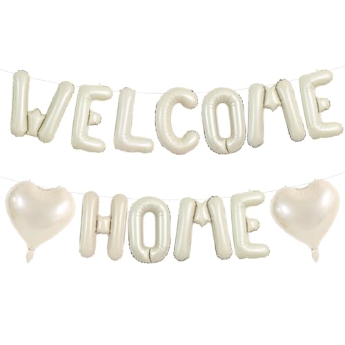 WELCOME HOME Foil Balloon Banner Set with Heart Balloons - 16 Inch Cream White Decor for Homecoming & Parties