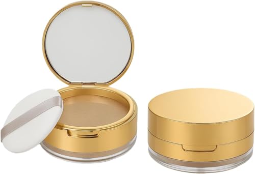 WNHNO Portable Loose Powder Container with Mirror and Puff - Gold