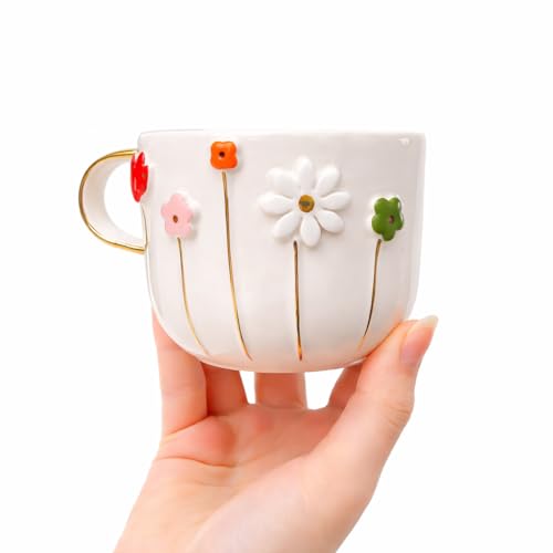 Flowers 12 oz Handmade Ceramic Mug with Gold Accents - Floral Coffee Cup