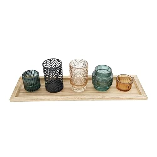Bloomingville Embossed Glass & Metal Tealight/Votive Holders on Rectangle Wood Tray (Set of 6 Pieces)