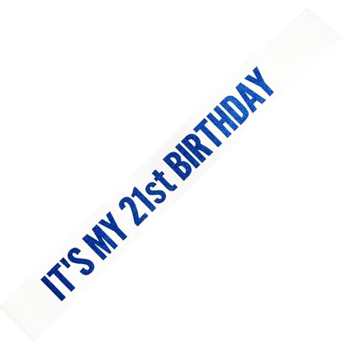 It's My 21st Birthday Satin Sash with Blue Glitter Letters White