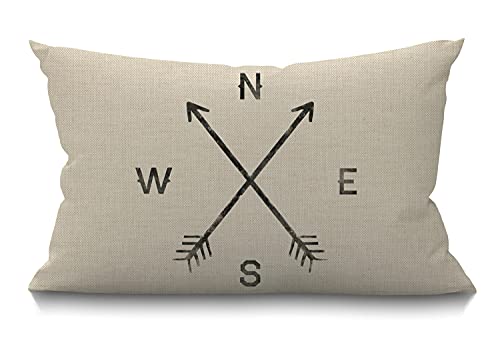 Smooffly 12x20 Inch Rustic Cotton Linen Pillow Cover - North South East West Arrows