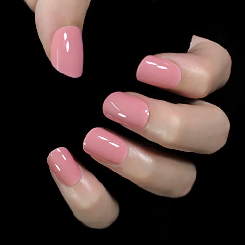 IKISKT Glossy Peach Pink Press on Nails Short Squoval Reusable False Nails