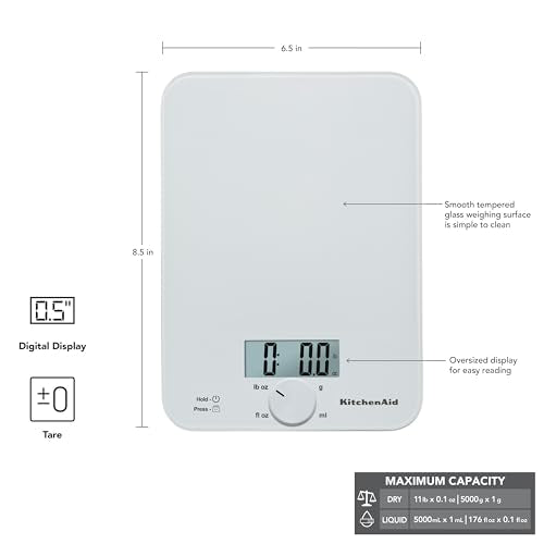 KitchenAid KQ914WH Glass Surface 11 Pound Capacity Digital Kitchen and Food Scale, Scale for Food Ounces and Grams, Dry and Liquid Ingredients, White