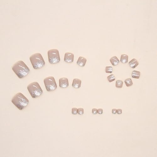 Hayooha Nude Glitter Toe Press on Nails - Short Square False Toenails