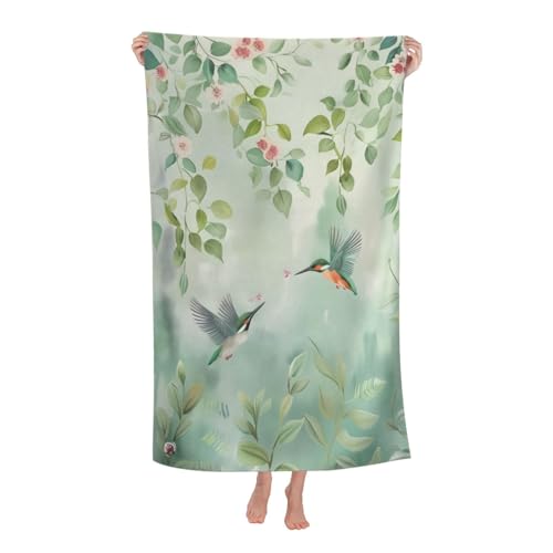 Floral Hummingbird Beach Towel 31x51in - Quick Dry Microfiber