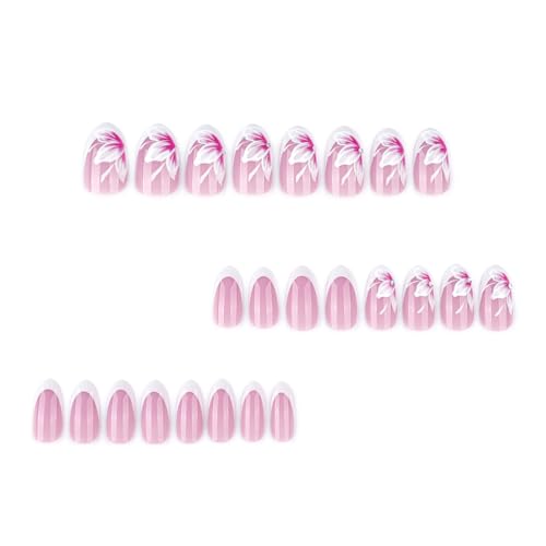 Pink Flower Press on Nails Almond French Tip Fake Nails with Rhinestones