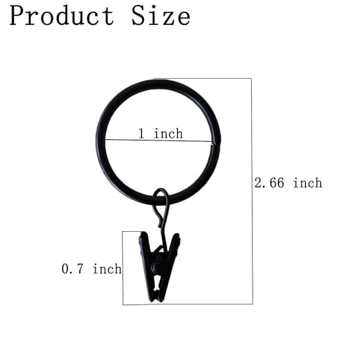 Black Openable Curtain Rings with Clips, 16 Pack, 1 Inch Diameter