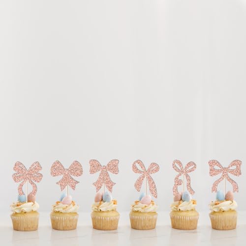 24 Pink Bowknot Cake Toppers - Wedding & Birthday Party Decor