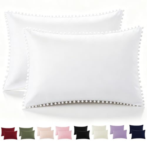 White Queen Pom Poms Pillow Shams Set of 2 - Soft Microfiber Cases