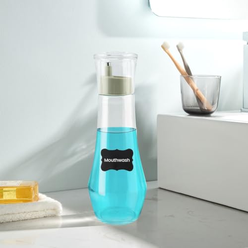 Clear Mouthwash Dispenser - 8.8 oz Refillable Glass Bottle with Cup