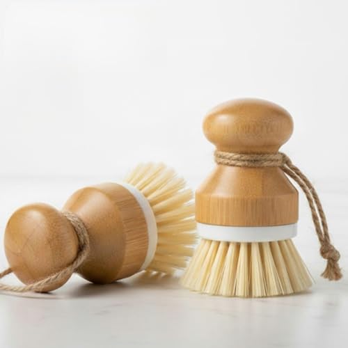 Set of 2 Eco-Friendly Bamboo Dish Scrubbing Brushes with Ergonomic Handles