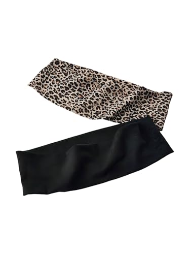 SHENHE Women's 2-Pack Leopard and Solid Print Wide Elastic Anti-Slip Headband